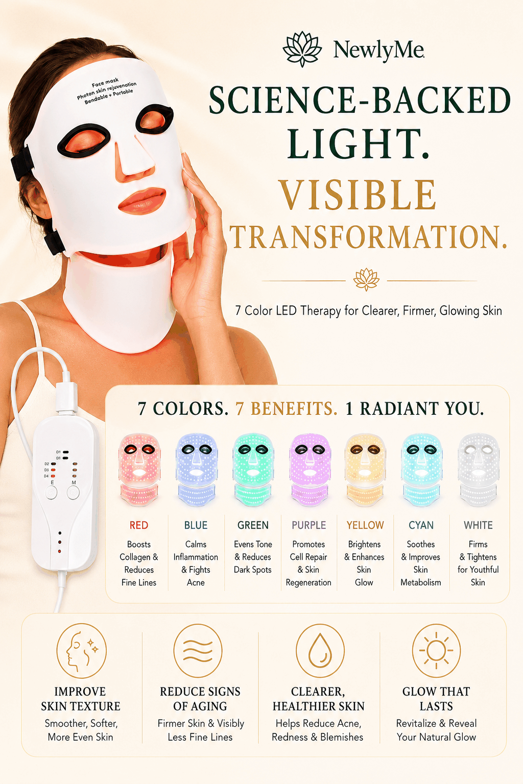 Person wearing a LED face therapy device and highlighting skin benefits.