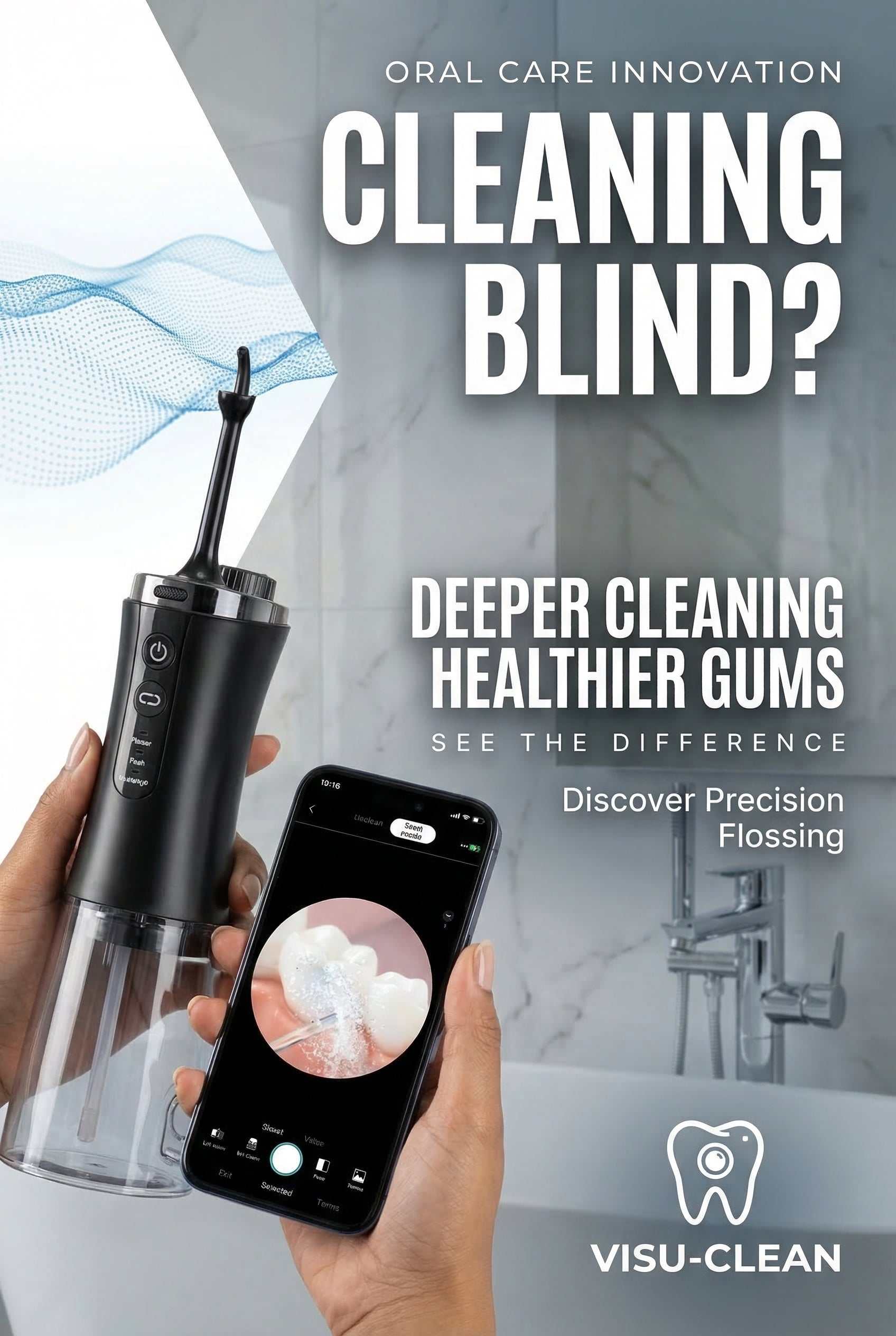 Water flosser with camera showing real-time oral cleaning and adjustable pressure settings for precise dental hygiene