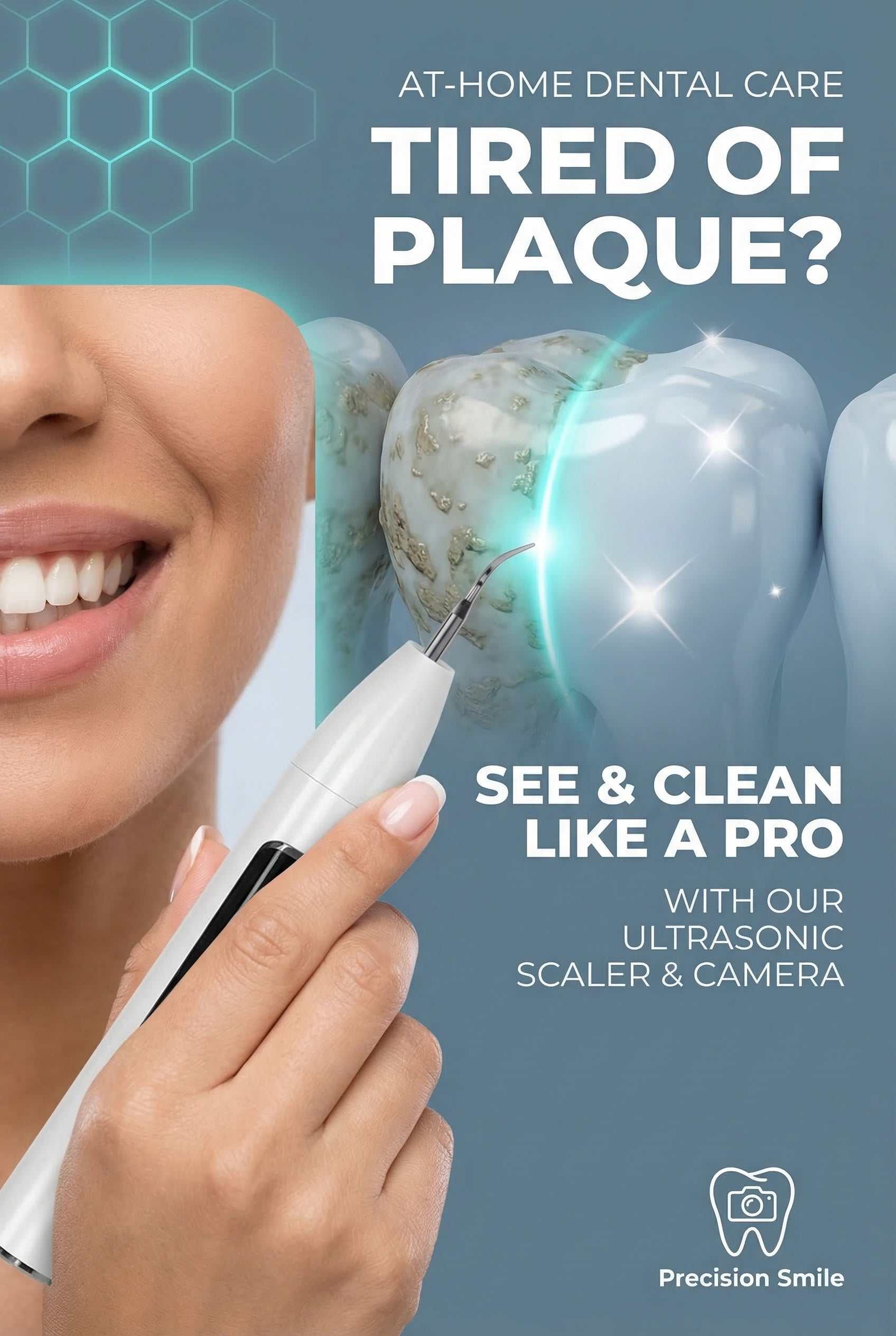 Ultrasonic teeth scaler with integrated camera for professional-grade at-home dental cleaning and plaque removal