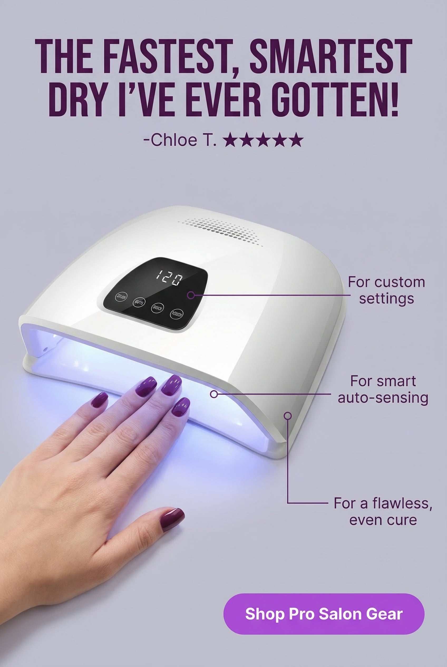 Professional nail drying lamp with auto-sensor and touch screen for efficient salon manicures